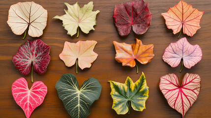 An Artistic Collection of Caladium Leaves on Rustic Wood Showcasing Nature's Craftsmanship and Beauty