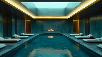 Indoor Pool with Lounge Chairs and Candles - Realistic Image