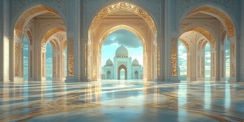 Obraz premium Interior View of a Grand Mosque with Ornate Arches and a View of the Minaret