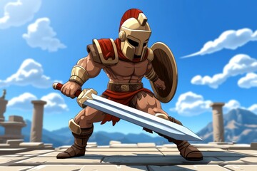 Pixel art Spartan warrior, in 8-bit retro style, wielding a sword and shield in a classic pixelated battlefield