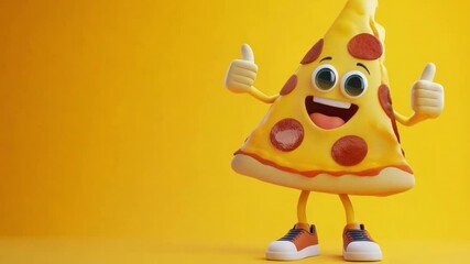 A playful pizza character with a big smile and thumbs up set against a sunny yellow backdrop, empty space for text - Powered by Adobe