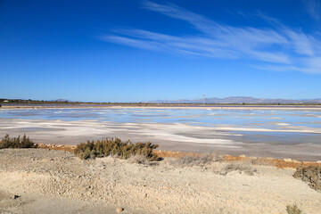 Beautiful landscape of the saltworks in Santa Pola town, Spain