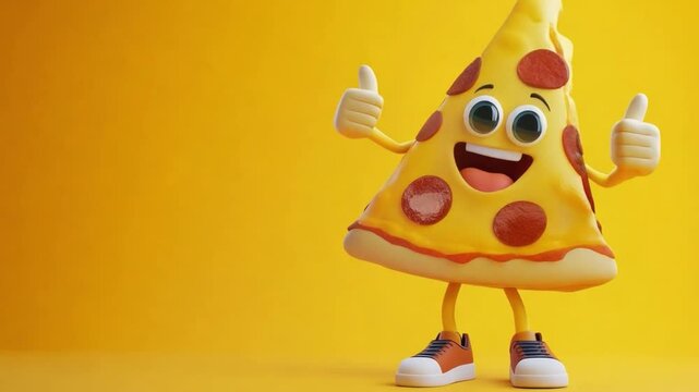 A playful pizza character with a big smile and thumbs up set against a sunny yellow backdrop, empty space for text