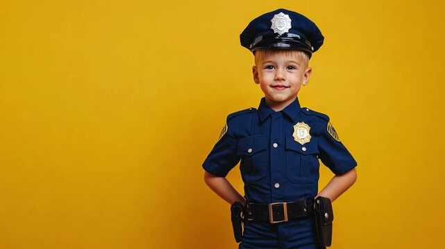 A child boy dressed as a police officer poses proudly, standing against a vibrant backdrop with free space