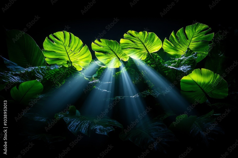 Poster rainforest canopy with rays of light filtering through the leaves, illuminating the lush green jungl