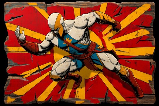 Retro Spartan propaganda poster, with bold, heroic poses and vintage colors promoting the strength of Sparta