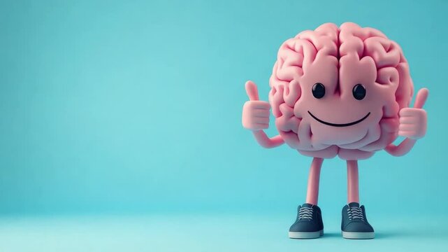 A cheerful brain character with arms and legs shows a thumbs up, symbolizing joy and mental wellbeing on a light blue backdrop, free space