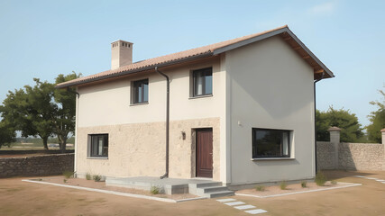 small house on the ground floor with stone and cement cladding