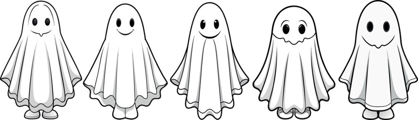 Halloween ghost character set. Five unique ghost designs with simple, playful expressions. For event branding, digital assets, children's products
