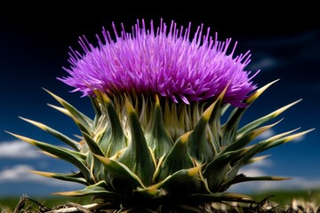 Silybum marianum (milk thistle) growing in a meadow, with its spiky purple flowers and large green leaves standing out under a blue sky