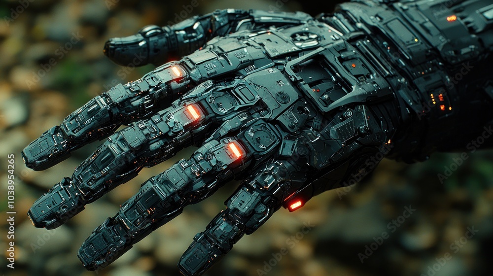 Poster a close-up of a futuristic mechanical hand with glowing red lights