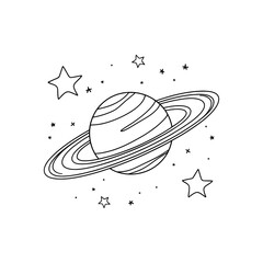 Minimalist line drawing of Saturn, a planet with rings, surrounded by stars on a white background