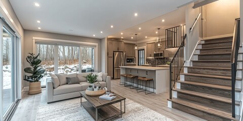 Modern Open Concept Living Space with Kitchen and Staircase