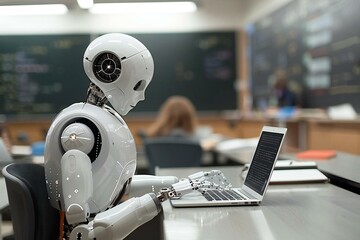 Humanoid Robot Using Laptop At Desk In Classroom, robot, classroom, ai, artificial, teacher, intelligence, code, study, tech, machine, laptop, technology, future, reading, 4, 0, woman