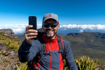 Single person taking a selfie while hiking, capturing a moment of accomplishment and joy in the great outdoors