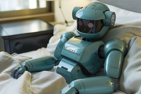 Humanoid Robot Disturbed By The Snores Of Husband In The Bedroom