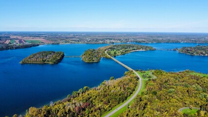 Bird eye view of St. Laurent River at Long Sault Parkway