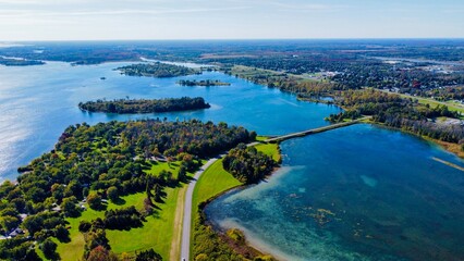 Bird eye view of St. Laurent River at Long Sault Parkway