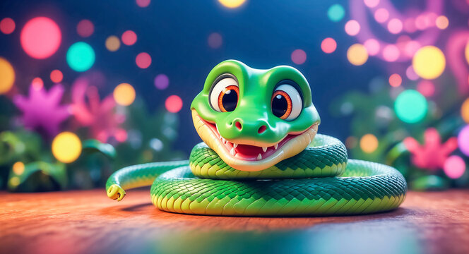 New Year background with a cute smiling snake - a symbol of 2025, against the background of a New Year tree