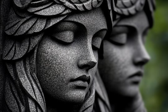 Spartan cemetery in a gothic style, with dark stone tombs and haunting statues of warriors watching over the dead