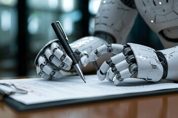 Close-up Of Humanoid Robot Giving The Pen To Sign A Contract
