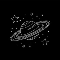 Fototapeta premium Minimalist line drawing of Saturn, a planet with rings, surrounded by stars on a black background