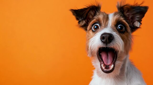 A small dog with expressive eyes and an open mouth conveys amazement and joy in front of a vivid orange backdrop, copy space