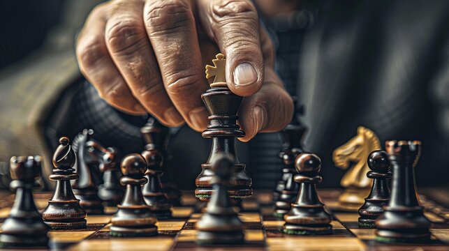Hand moving chess piece in a strategic game, symbolizing intelligence and competition