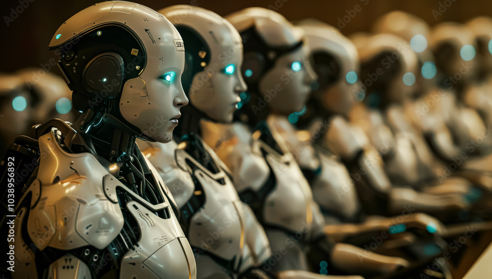Poster robot is sitting in a classroom with other robots and people. the robot is wearing a helmet and has 