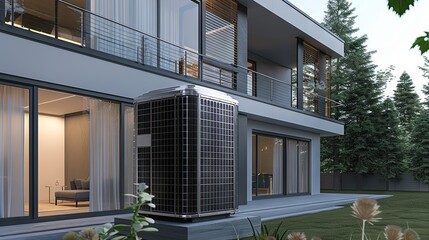 Heat pump system installed on the exterior of a modern building
