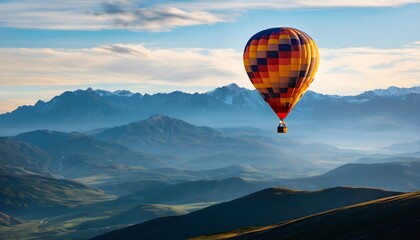 A Hot Air Balloon flying over the mountains