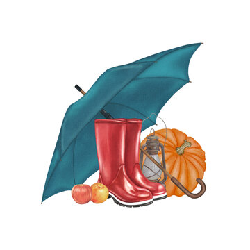 recommend clip art: Watercolor illustration of red boots, blue umbrella, pumpkin, apples, and lantern