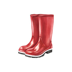 Watercolor illustration of red rain boots