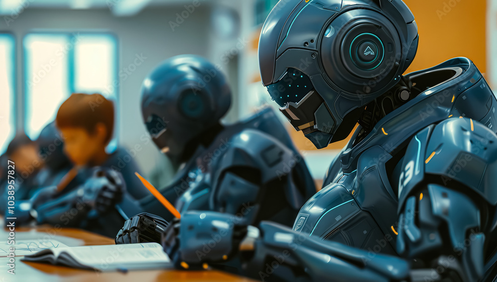 Poster robot is sitting in a classroom with other robots and people. the robot is wearing a helmet and has 