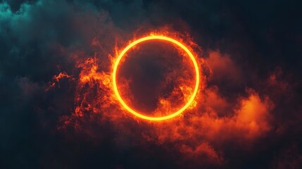 Obraz premium Glowing neon orange circle. Fire circle. Dark background