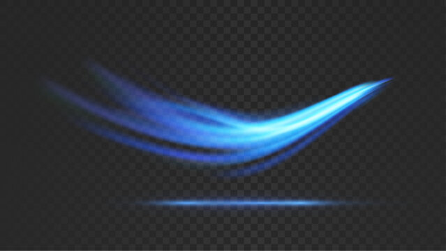 Blue asteroid-like soft speed transparent wave background. Magical swooshing comet tail light pattern over black. Mild gradient streak. Vector illustration