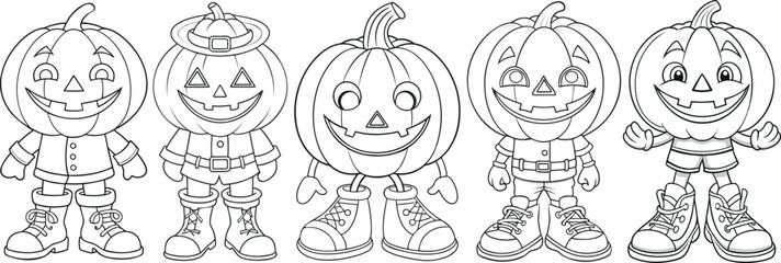 Creative pumpkin characters ready for Halloween festivities, isolated, set, collection