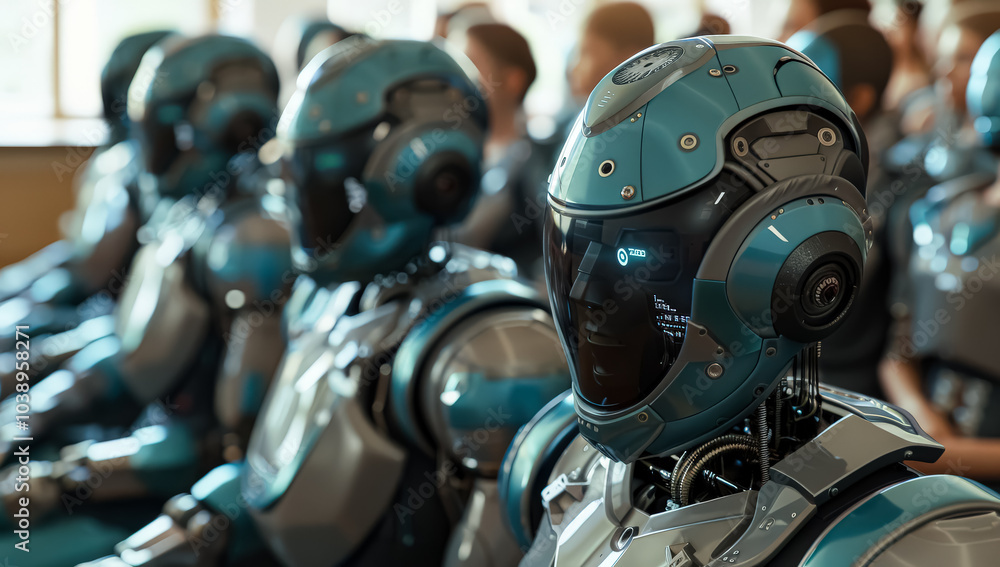 Aufkleber robot is sitting in a classroom with other robots and people. the robot is wearing a helmet and has 