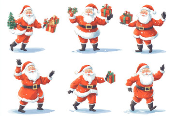 Fototapeta premium Santa Claus surrounded by colorful gifts, sitting in a cozy armchair by a glowing fireplace on Christmas Eve.