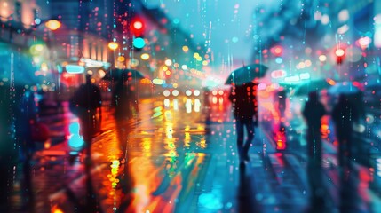 Fototapeta premium Vibrant rainy night city scene blurred silhouettes navigating a busy intersection with reflections