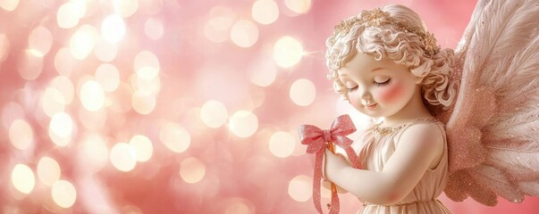 Chubby cupid holding a bow, pastel pink background with sparkles, Valentine charm, 52 hearts floating above.