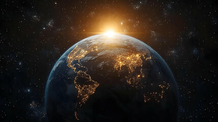 Obraz premium Earth From Space 3D Illustration with Sunrise and Stars
