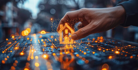 A hand cradles a glowing, digital house icon above a bustling cityscape, symbolizing the concept of smart home technology and future living.