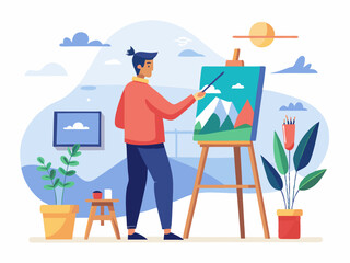 Artist creating a vibrant landscape painting in a cozy studio surrounded by plants and sunny skies