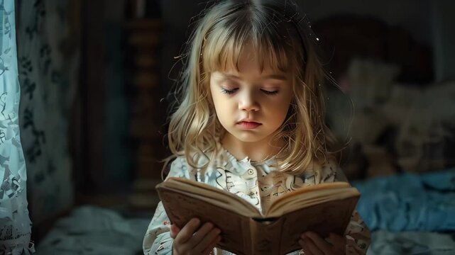 A little girl attentively reads a prayer in a book.