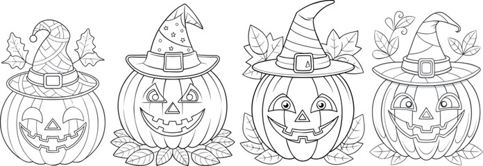 Set of Detailed Halloween pumpkins with witch hats and leaves, intricately drawn pumpkins, detailed holiday merchandise, event flyers, textile prints