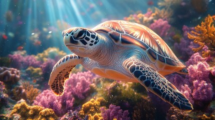 Fototapeta premium Sea Turtle Swimming Gracefully Through a Vibrant Coral Reef in Crystal Clear Waters