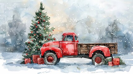 watercolour illustration of red christmas truck and christmas tree, greeting card 