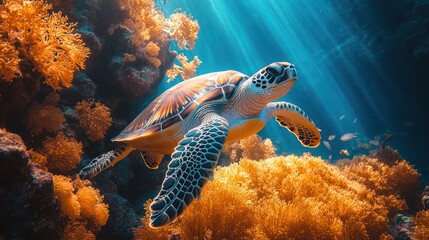 Fototapeta premium Sea Turtle Swimming Gracefully Through a Vibrant Coral Reef in Crystal Clear Waters