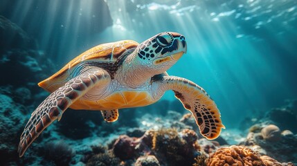 Fototapeta premium Sea Turtle Swimming Gracefully Through a Vibrant Coral Reef in Crystal Clear Waters